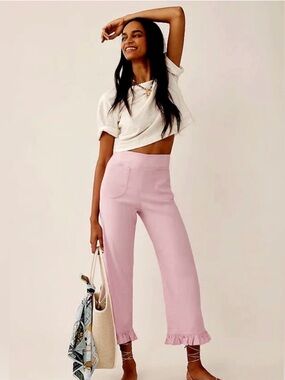 Anthropologie X Maeve The Colette Ruffle-Hem Linen Crop Pant Lilac Pink